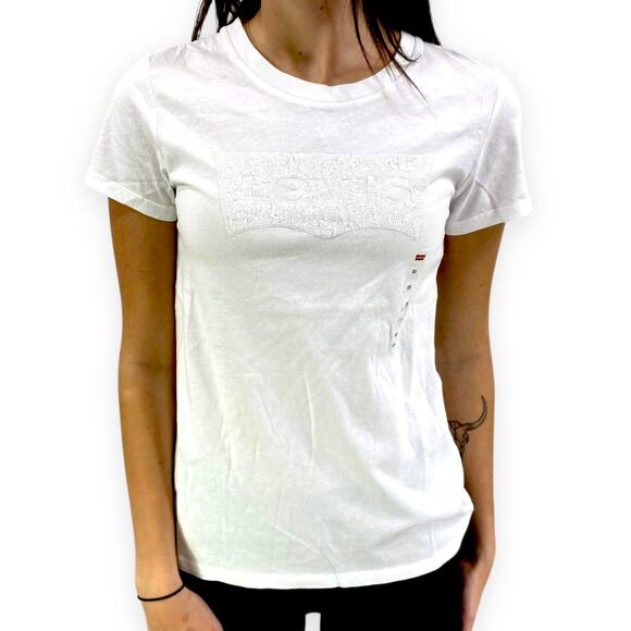 LEVIS White Cotton Sequin Logo Short Sleeve Crewneck T-shirt - Picture 1 of 8
